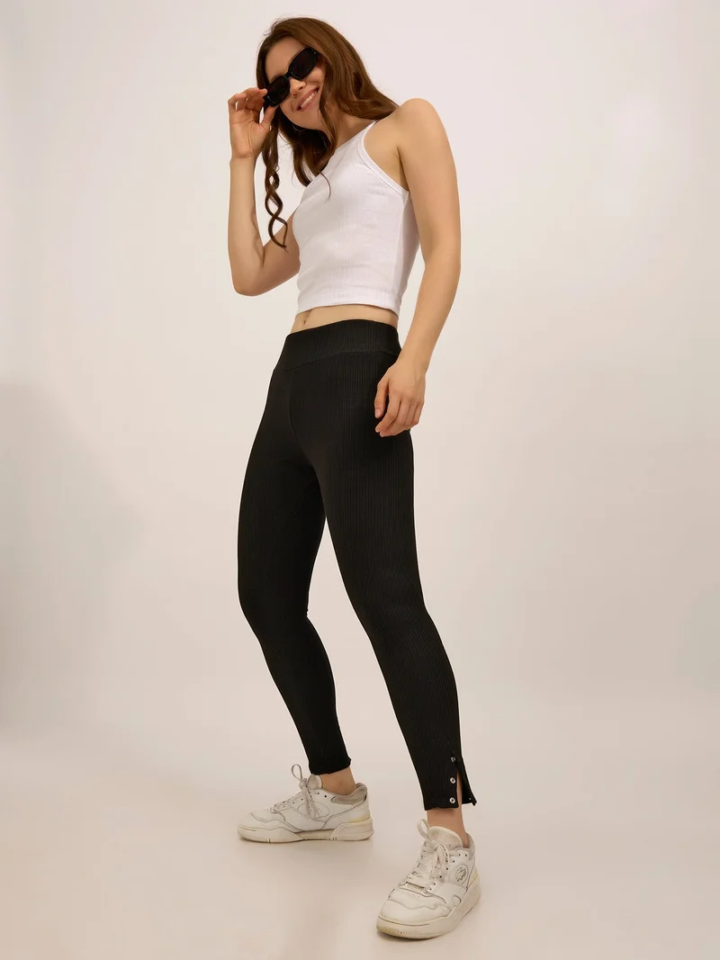 OUTZIDR Black Ribbed Basic Solid Leggings